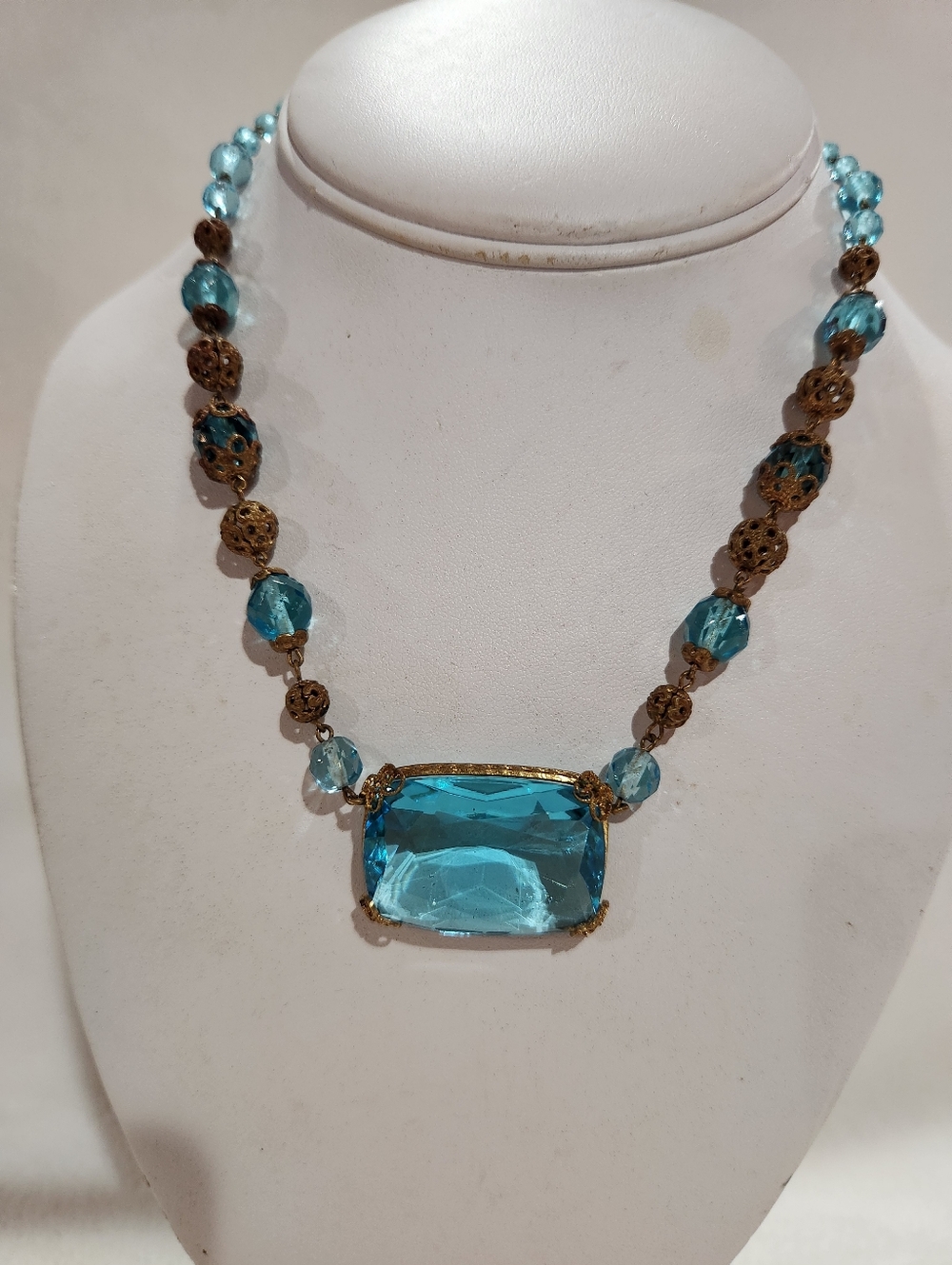Antique Blue Czech Large Glass Pendant Necklace, 1920s